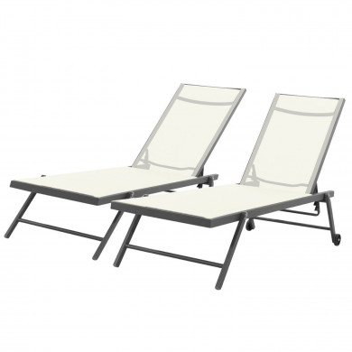 Lot de 2 bains de soleil / transat de aluminium inclinable avec roulettes - Anthracite beige