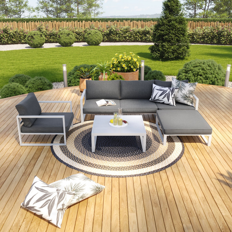 Salon de jardin angle aluminium 5 Places couleur blanc gris