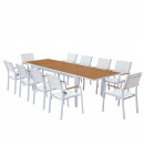 Table de jardin extensible aluminium blanche 200/300cm + 10 fauteuils empilables textilène