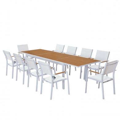 Table de jardin extensible aluminium blanche 200/300cm + 10 fauteuils empilables textilène
