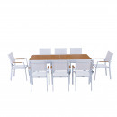 Table de jardin extensible aluminium blanche 200/300cm + 10 fauteuils empilables textilène