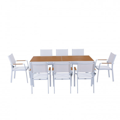 Table de jardin extensible aluminium blanche 200/300cm + 10 fauteuils empilables textilène
