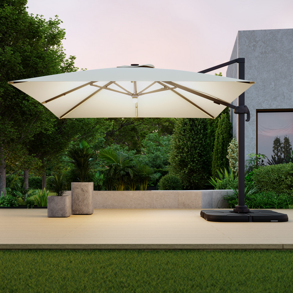 Parasol déporté LED 3x4m rectangle en aluminium + housse - rotatif 360° - Beige