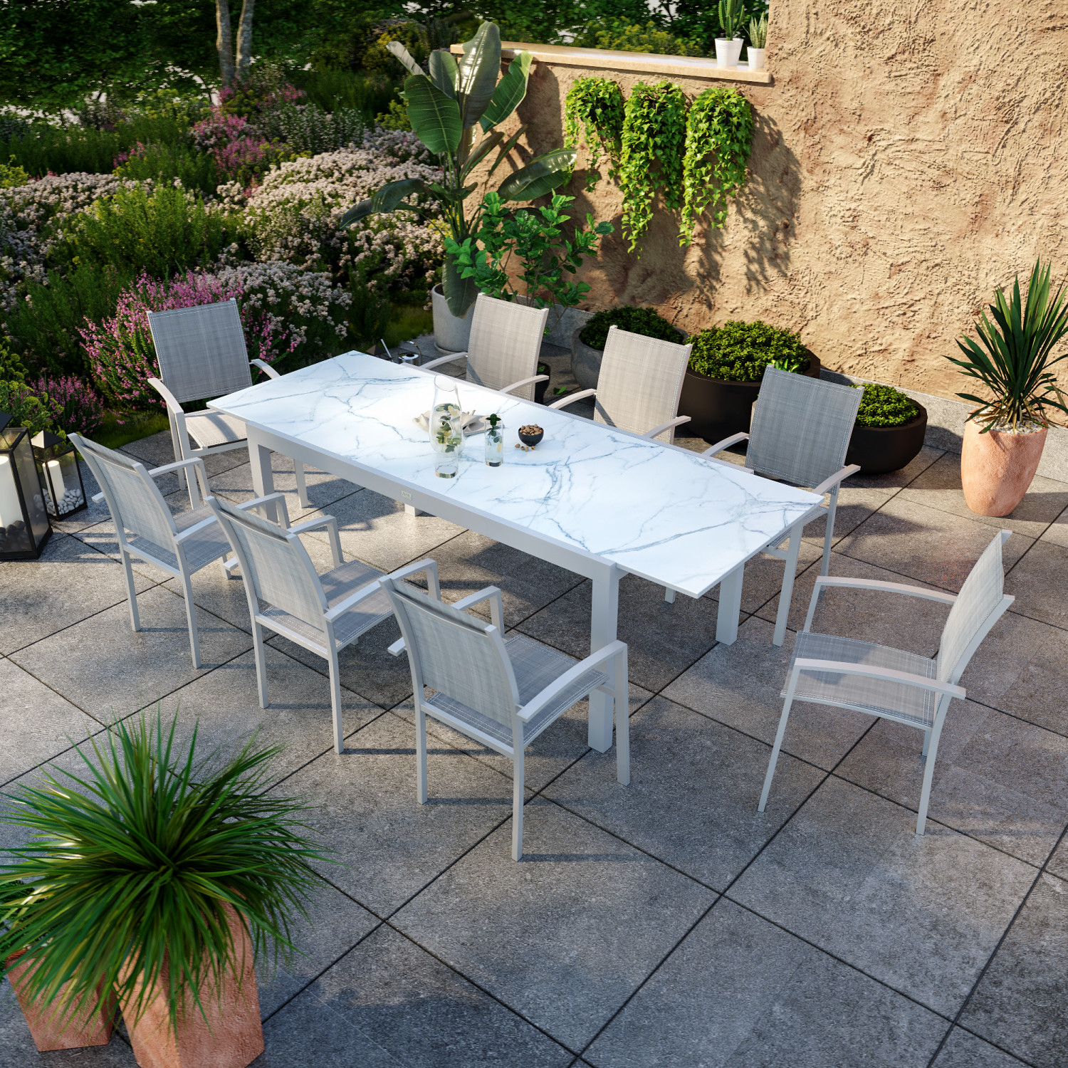 Table de jardin extensible aluminium blanc effet marbre 180/240cm + 8 fauteuils empilables textilène
