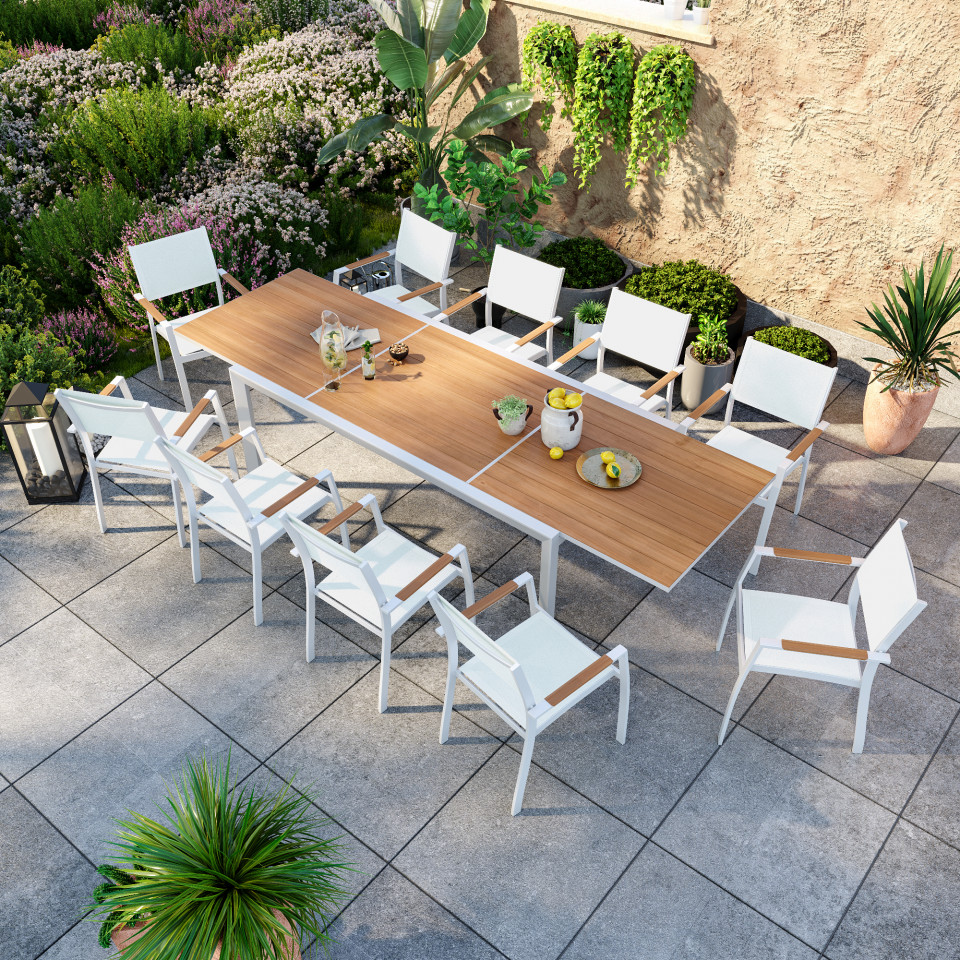 Table de jardin extensible aluminium blanche 200/300cm + 10 fauteuils empilables textilène - MARCEAU