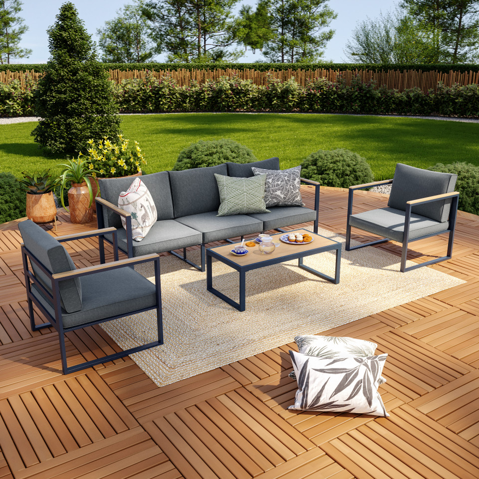 Salon de jardin aluminium et polywood 5 Places gris et naturel