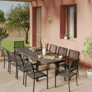 Ensemble Table de jardin extensible aluminium 135/270cm + 10 Fauteuils empilables corde Anthracite et vert olive - YERAZ