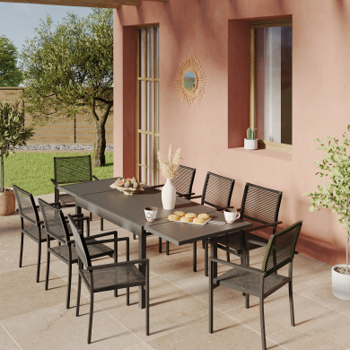 Ensemble Table de jardin extensible aluminium 135/270cm + 8 Fauteuils empilables corde Anthracite et vert olive