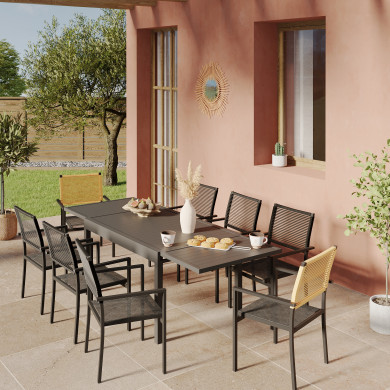 Ensemble Table de jardin extensible aluminium 135/270cm + 8 Fauteuils empilables corde Anthracite et Beige