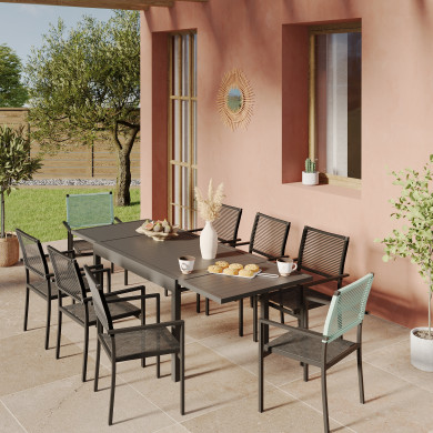 Ensemble Table de jardin extensible aluminium 135/270cm + 8 Fauteuils empilables corde Anthracite et vert d'eau