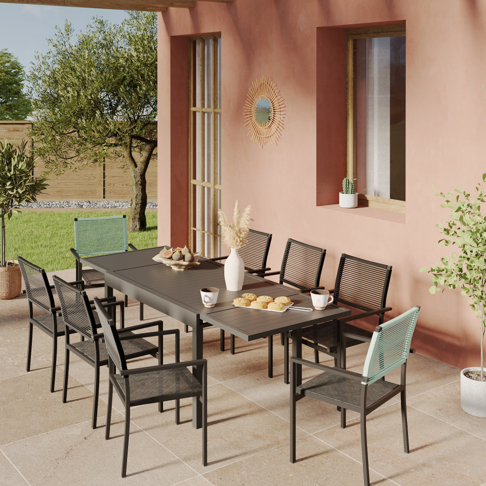 Ensemble Table de jardin extensible aluminium 135/270cm + 8 Fauteuils empilables corde Anthracite et vert d'eau