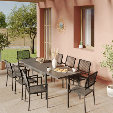 Ensemble Table de jardin extensible aluminium 135/270cm + 8 Fauteuils empilables en corde Anthracite