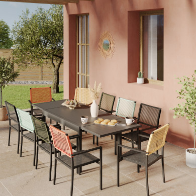 Ensemble Table de jardin extensible aluminium 135/270cm + 10 Fauteuils empilables corde Anthracite et vert olive - YERAZ