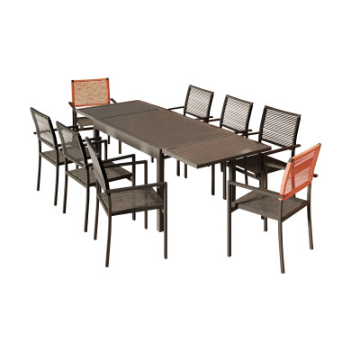 Ensemble Table de jardin extensible aluminium 135/270cm + 8 Fauteuils empilables corde Anthracite et orange