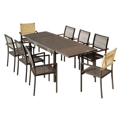 Ensemble Table de jardin extensible aluminium 135/270cm + 8 Fauteuils empilables corde Anthracite et Beige