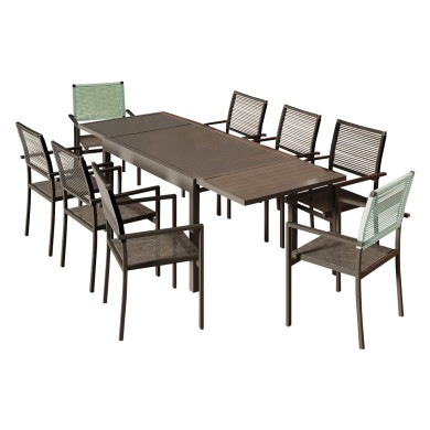 Ensemble Table de jardin extensible aluminium 135/270cm + 8 Fauteuils empilables corde Anthracite et vert d'eau