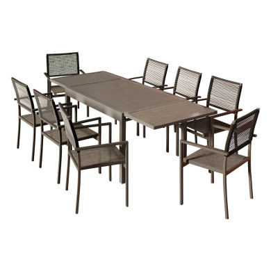Ensemble Table de jardin extensible aluminium 135/270cm + 8 Fauteuils empilables en corde Anthracite