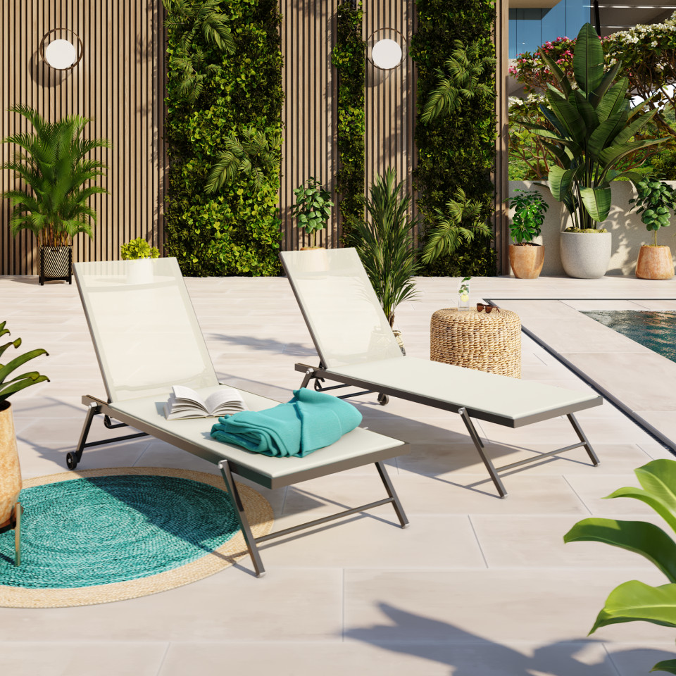 Lot de 2 bains de soleil / transat de aluminium inclinable avec roulettes - Anthracite beige