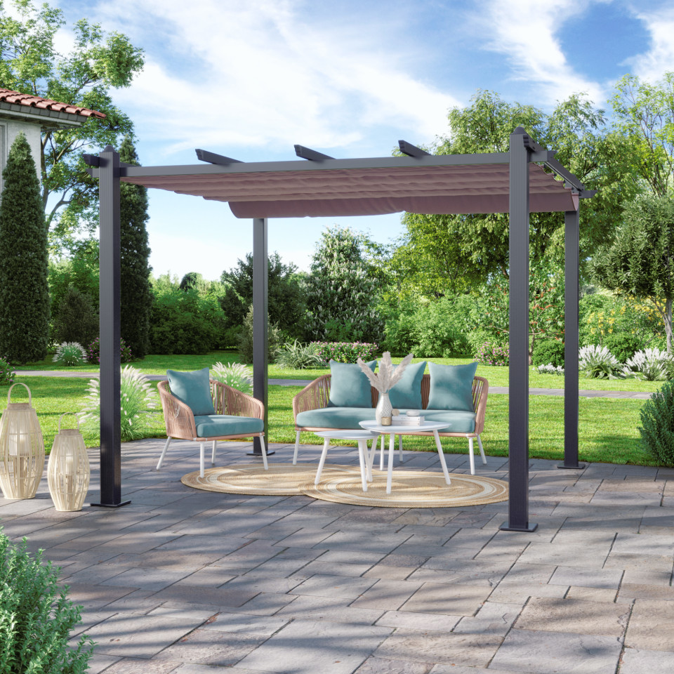 Tonnelle/Pergola aluminium 3x3m toile coulissante rétractable - Gris Taupe