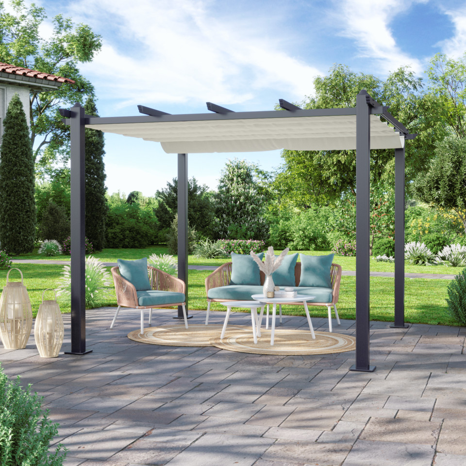 Tonnelle/Pergola aluminium 3x3m toile coulissante rétractable - Gris Ecru