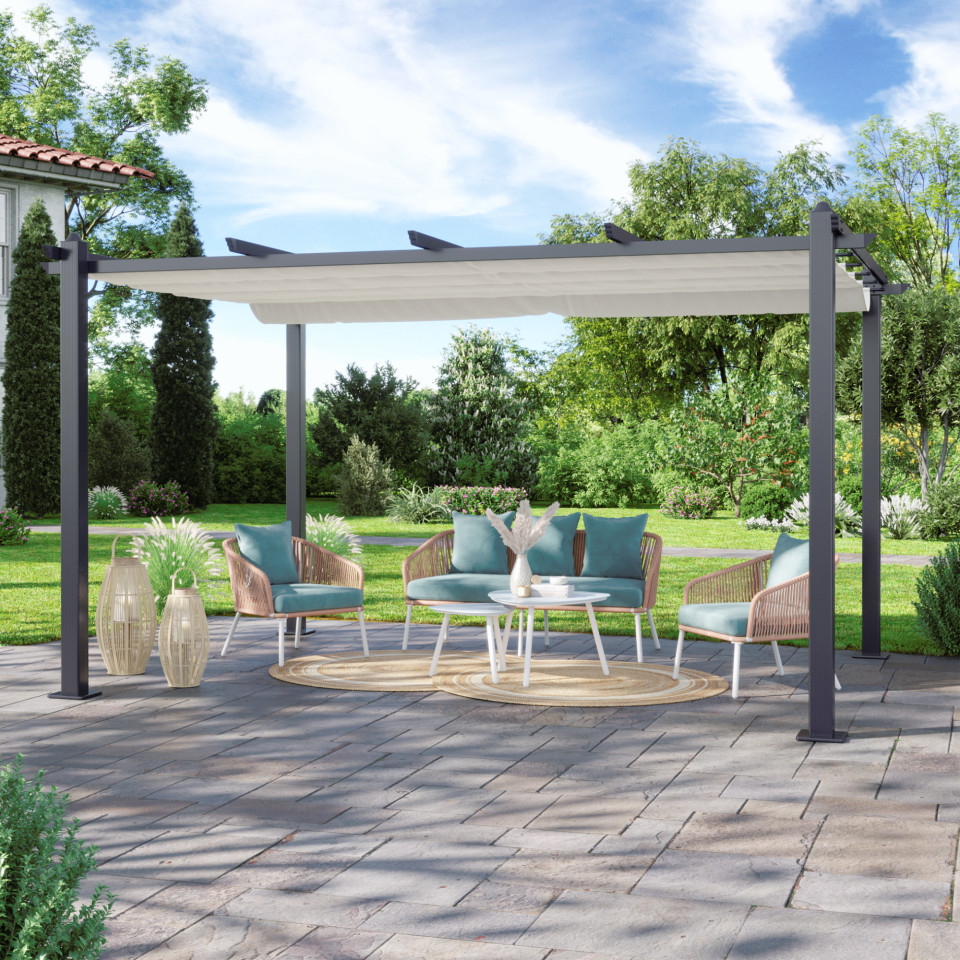 Tonnelle/Pergola aluminium 3x4m toile coulissante rétractable - Gris Ecru