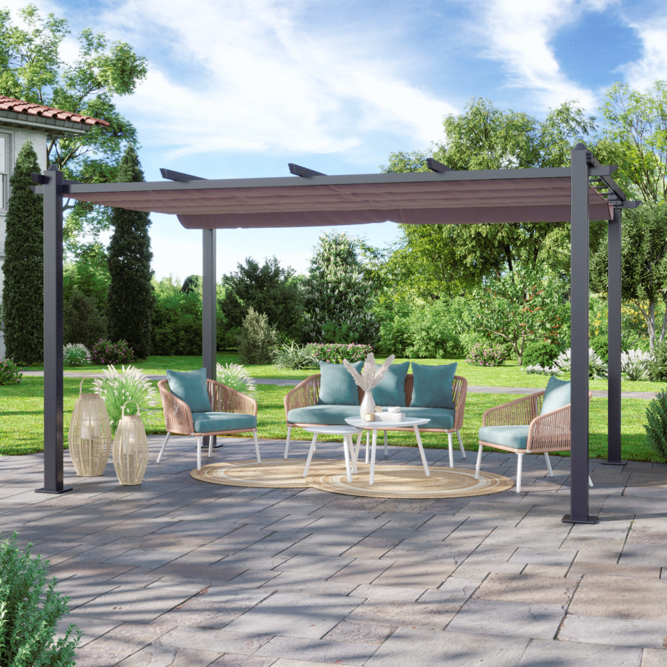 Tonnelle/Pergola aluminium 3x4m toile coulissante rétractable - Gris Taupe