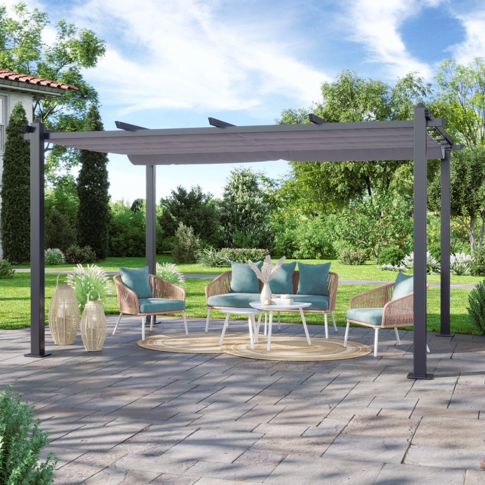 Tonnelle/Pergola aluminium 3x4m toile coulissante rétractable - Gris