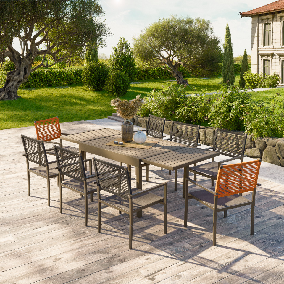 Ensemble Table de jardin extensible aluminium 135/270cm + 8 Fauteuils empilables corde Anthracite et orange