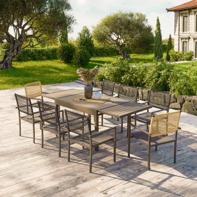 Ensemble Table de jardin extensible aluminium 135/270cm + 8 Fauteuils empilables corde Anthracite et Beige