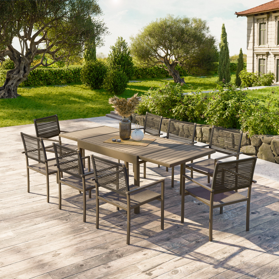 Ensemble Table de jardin extensible aluminium 135/270cm + 8 Fauteuils empilables en corde Anthracite