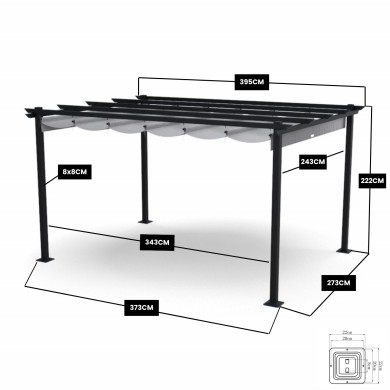 Tonnelle/Pergola en aluminium 3x4m toile coulissante rétractable - Gris