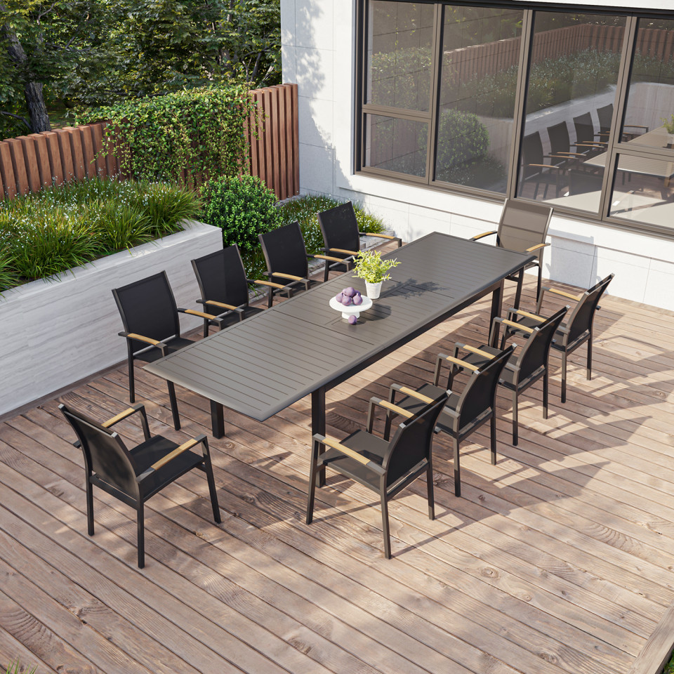 Table de jardin extensible aluminium 220/320cm + 10 Fauteuils empilables textilène Gris Anthracite