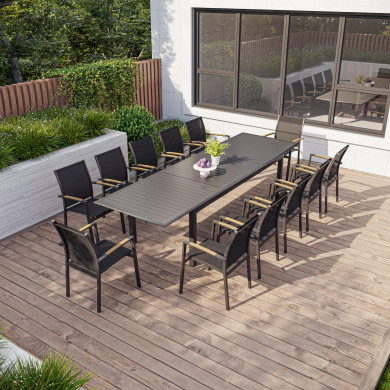 Table de jardin extensible aluminium 220/320cm + 12 Fauteuils empilables textilène Gris Anthracite