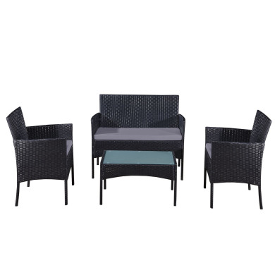 Salon de jardin résine tressée Noir/Gris - ensemble 4 places - Canapé + Fauteuil + Table