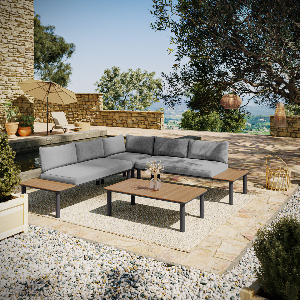 Salon de jardin d'angle en aluminium et bois - 5 places - Gris
