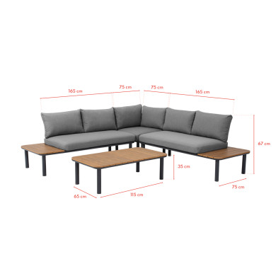 Salon de jardin d'angle en aluminium et bois - 5 places - Gris