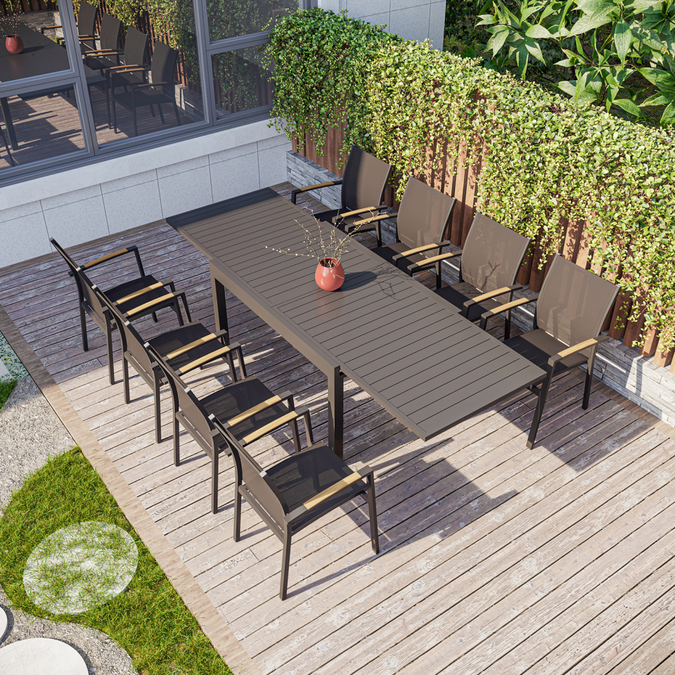 Table de jardin extensible aluminium 135/270cm + 8 fauteuils empilables textilène Gris Anthracite