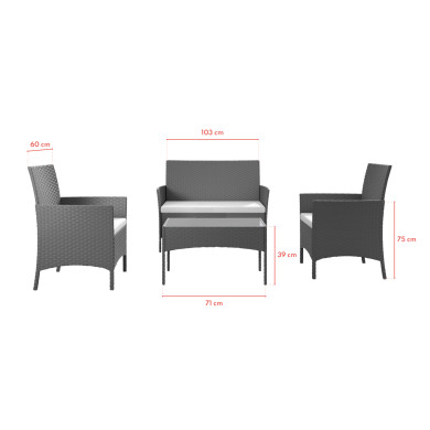 Salon de jardin résine tressée Gris/ecru - ensemble 4 places - Canapé + Fauteuil + Table