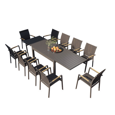 Table de jardin extensible aluminium 135/270cm + 10 fauteuils empilables textilène Gris Anthracite - LAZARE 10