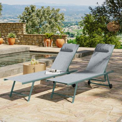 Lot de 2 transats inclinables et empilables - Vert Gris