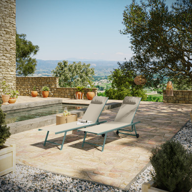 Lot de 2 transats inclinables et empilables - Vert Beige