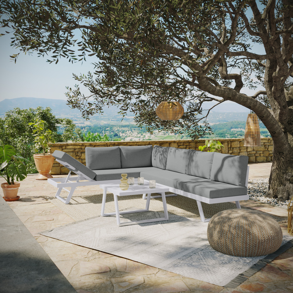 Salon de jardin fonctionnel modulable en aluminium design - blanc gris