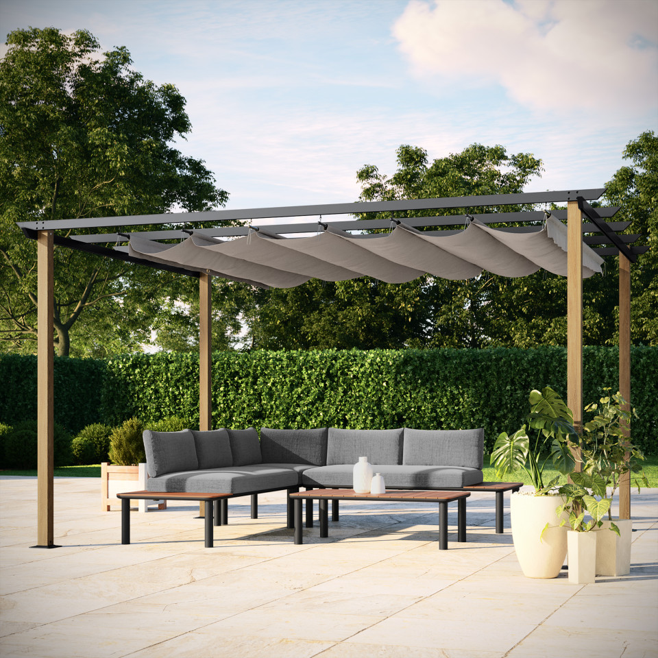 Tonnelle/Pergola en aluminium 3x4m toile coulissante rétractable - bois et gris