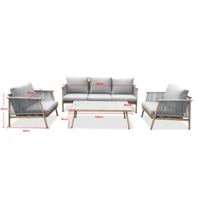 Dimensions - Salon de jardin design en aluminium et cordes 5 places - Naturel et Gris - Nice