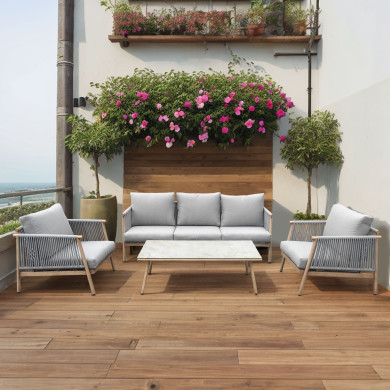 Salon de jardin design en aluminium et cordes 5 places - Naturel et Gris - Nice