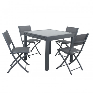 Table de jardin extensible aluminium 90/180cm  + 4 Chaises pliables textilène gris - BORA 4