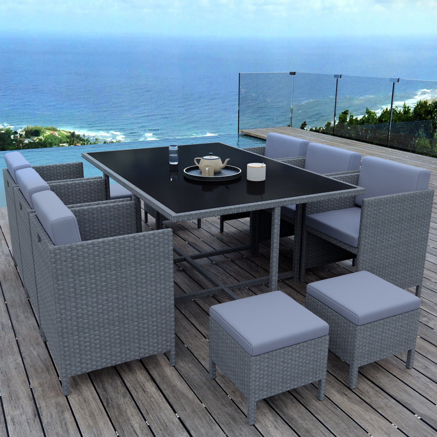 Salon de jardin panoramique 10 places en résine tressée et table à manger -  Santorin - Homifab