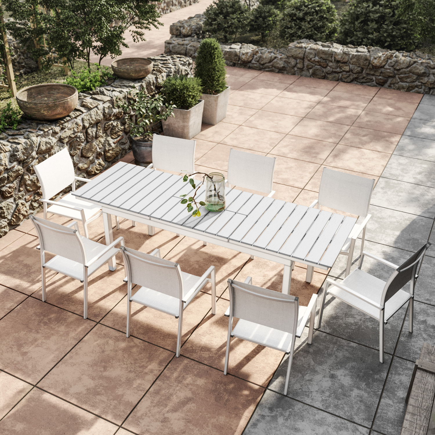 Table de jardin extensible aluminium blanc gris 180/240cm + 8 fauteuils empilables textilène - PALMA